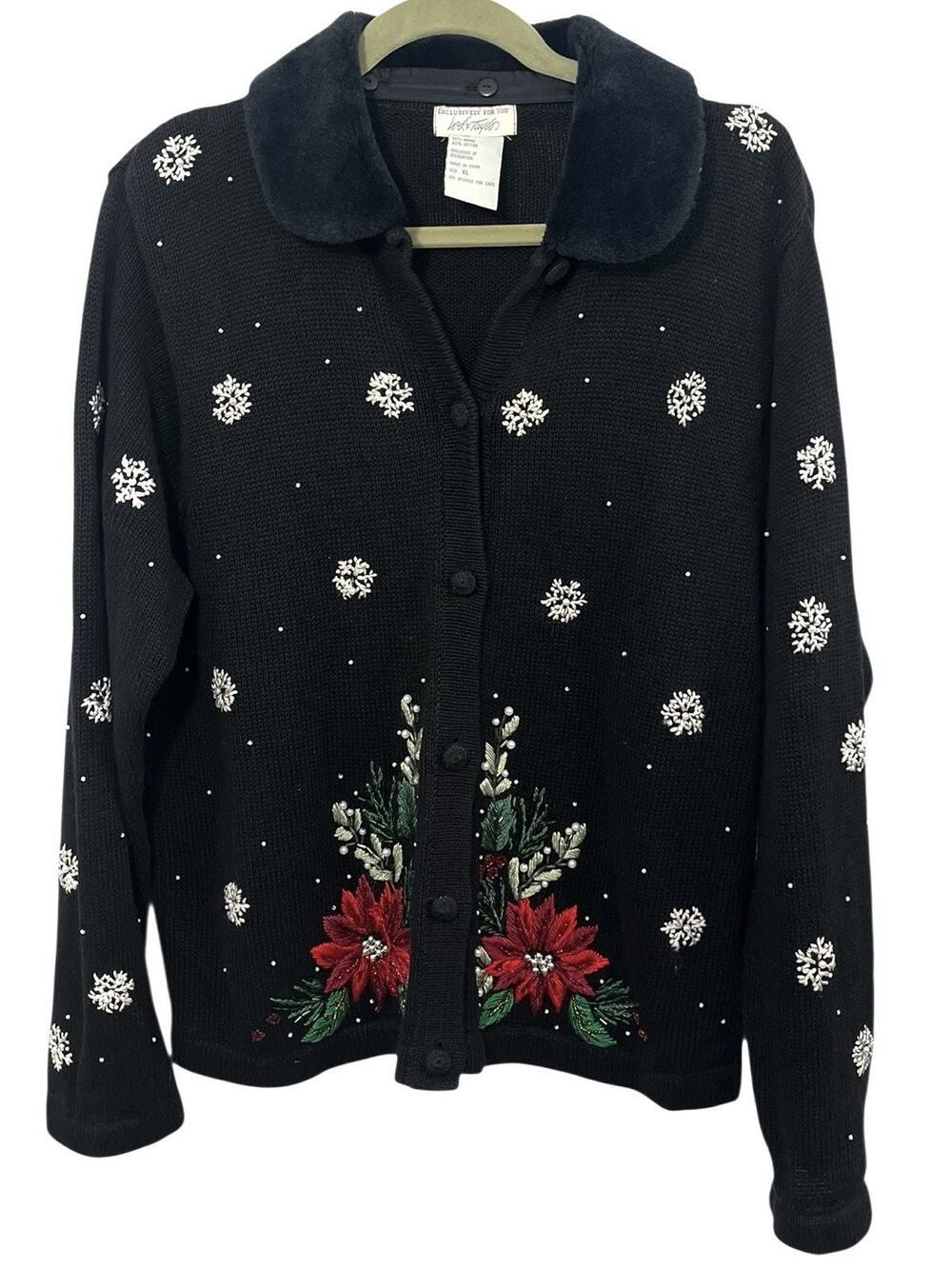 Vtg Lord & Taylor Cardigan Sweater Womens Christmas XL Black Holiday Faux Fur